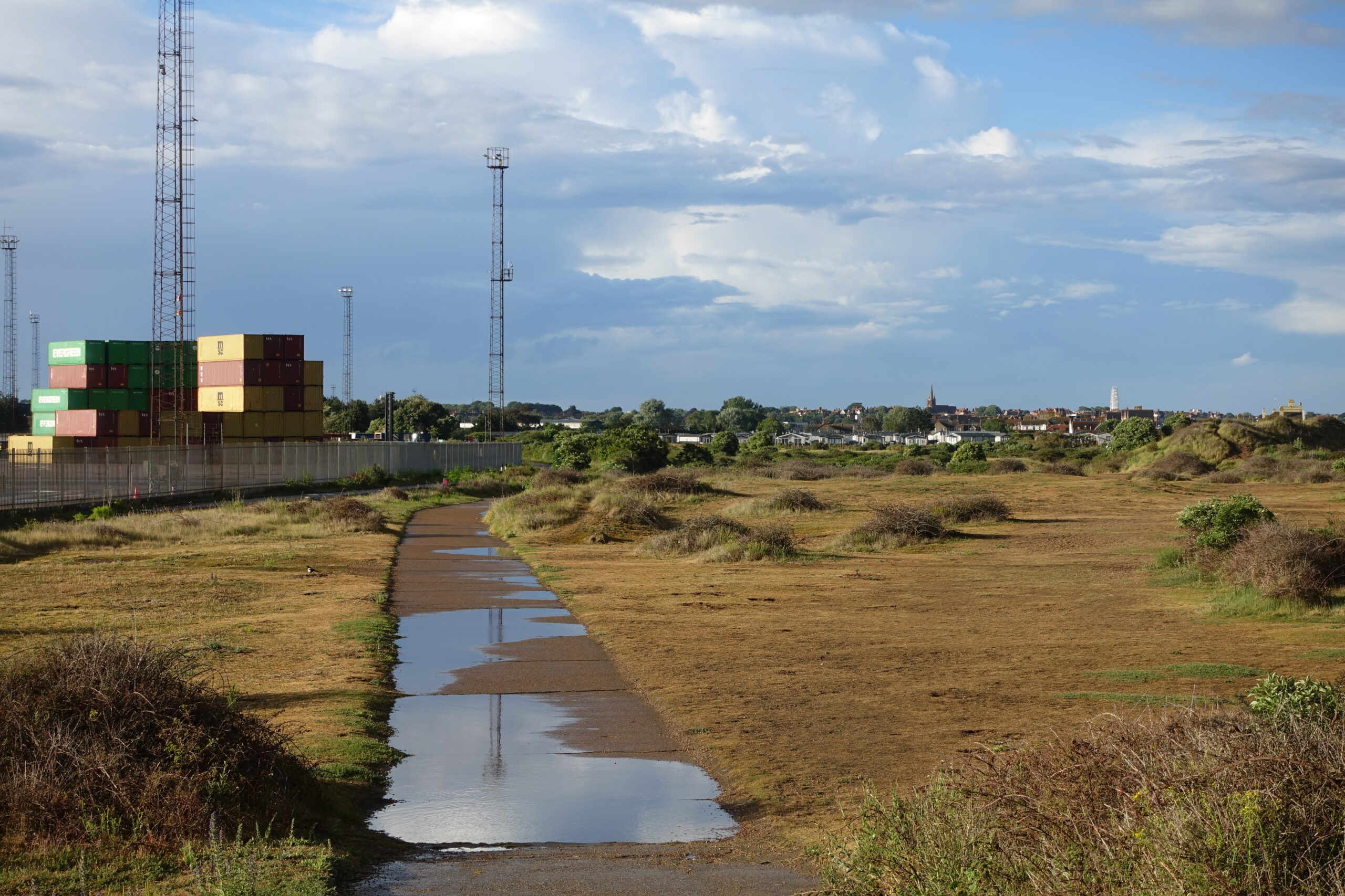 photo of a path though a field with a cloudy sky. In the background there are stacks of containers and a town.